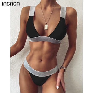 INGAGA Push Up Bikinis Swimsuit 2021 Thong Swimwear Women Black Biquini Shiny Splicing Beachwear