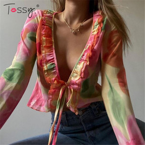 Tossy Fashion Boho Ruffle Blouse See-Through Lace V-Neck Tops For Women Long Sleeve Summer Shirt