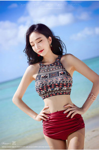 Obrix Female Summer Trendy Swimsuit Two Piece O-Neck Underwire Top Solid Pattern Bottom Swimming