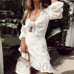 Lady Hollow Out Sexy Dress Girls Sweet Boho Short Style Dress Floral Lace White Dress Summer Casual