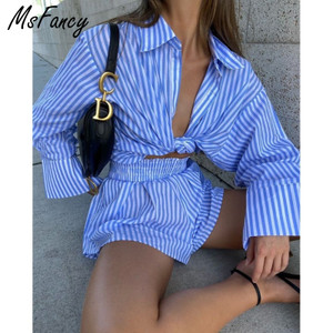 Msfancy Summer Short Sets Women 2021 Blue And White Striped Oversized Shirt High Waist Shorts 2
