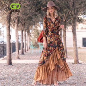 GOPLUS New Women's Long Spring Dress Vintage Dress Print Shirt Elegant Bohemian V-neck Casual Wear