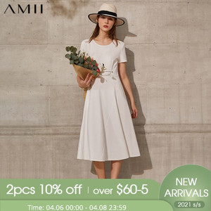Amii Minimalism Summer New Fashion Dress For Women Offical Lady Solid Vneck Slim Fit Aline Women's