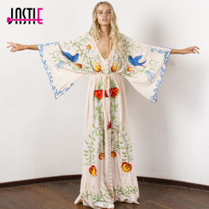 Jastie Embroidered Women Maxi Dress V-Neck Batwing Sleeve Loose Plus Size Summer Dresses Drawstring