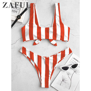 ZAFUL Knot Striped Bikini Set Women Summer Beach Swimwear 2 Pieces Bathing Suit Sexy Thong Biquinis