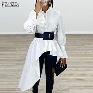 Women's Asymmetrical Blouse 2021 ZANZEA Elegant Flouce Sleeve Shirts Casual Button Down Blusa Female