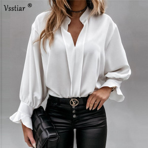 Women's Casual Blouse 2021 Autumn Long Sleeve Elegant Ladies Shirts Winter Sexy V Neck Ruffles Solid