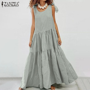 ZANZEA 2021 Fashion Solid Summer Maxi Dress Women's Ruffle Sundress Lace Up Tank Vestidos Female