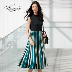 2021 Fashion New Multi Striped Sleeveless Bodaycon Dress Women Slim Fashion Pleated Casual Knitted