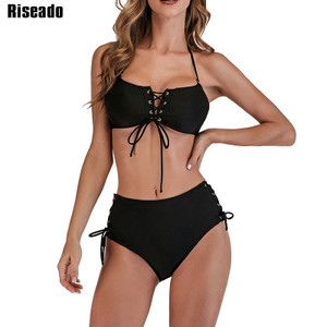 Riseado Sexy Push Up Bikini Set High Waist Swimsuit Lace Up Swimwear Women Halter Beachwear Black