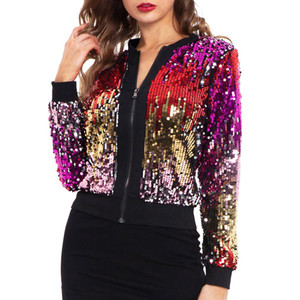 V-Neck Long Sleeve Zipper Glitter Clubwear Streetwear Chic Coat