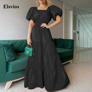 Women Elegant Square Collar Button Long Dress Spring Casual Solid Slim Pleated Maxi Dress Summer