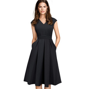 Brief Elegant Solid Color Sleeveless vestidos with Pocket A-Line Women Flare Dress
