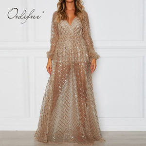 Long Sleeve Mesh Tulle Gold Sequin Maxi Dress