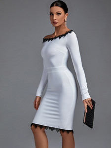 Women White Long Sleeve Bodycon Dress .
