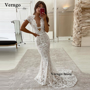 Elegant V Neck Lace Mermaid Wedding Dresses 