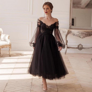 Black Princess Evening Dress A-Line Illusion Long Sleeve 