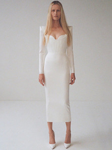  Long Sleeve V Neck White Midi Bandage Dress .,