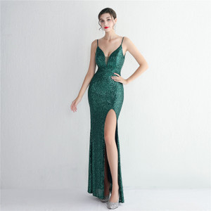 Women Backless Green Sequin Strap Beading Party Maxi Dress 