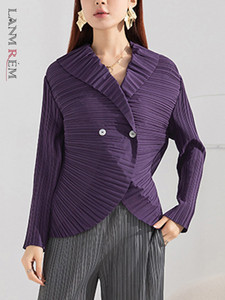  Solid Pleated Shirt For Women Lapel Long Sleeve Button Casual 