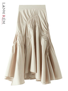 Pleated Design Irregular Skirt For Women Solid Color High Elastic Waist 