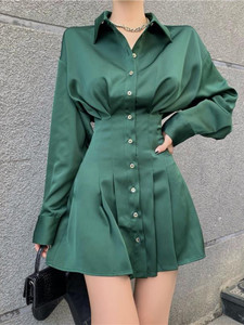  Women Green Casual Office Lady Fashion Long Sleeve Shirt Dress