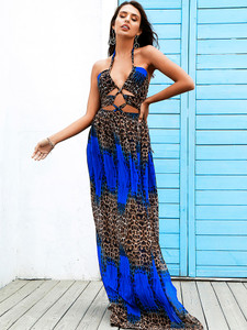 Cross Strap Hollow Whit Split Blue Leopard Chiffon Summer Beach Maxi Dress 