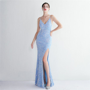 Blue Sequin Backless Slit Long Party Evening Dresses 