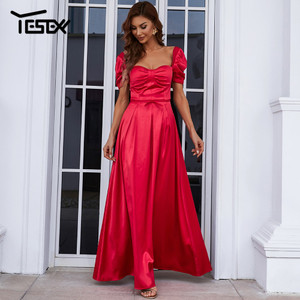 Maxi Backless Puff Sleeve Elegant Evening Vestidos Red Long Princess Dress