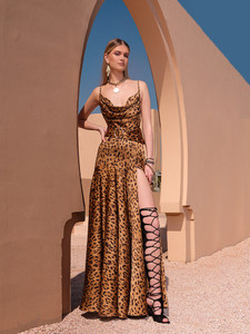 Spaghetti Strap Leopard Prom Velvet Long Backless Celebrity Cocktail Dress 