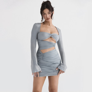Cut Out Long Sleeve Mesh Sheer Sleeve Bodycon Holiday Party Dress.