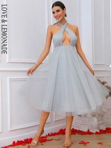 Gary Color Cross Strap Lace Star Mesh A-Line Evening Dress 