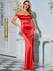 Off-The-Shoulder Red Body-Hugging Slit A-Line Party Dress 