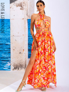 Orange Cross Strap Sleeveless Cutout Geometric Print Beach Long Dress 