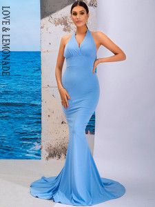 Blue Deep V Neck Fitted Halter Mermaid Floor Party Maxi Dress