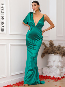 Green Deep V Neck Backless Ruffle Sleeves Sequin Party Maxi Dress 