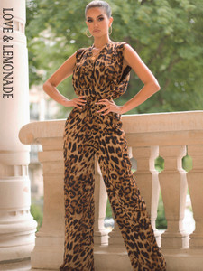 Brown Deep V-Neck High Waist Leopard Print Chiffon Horn Shape Jumpsuit 