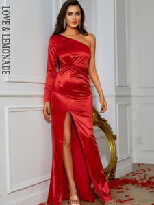  Red Off-The-Shoulder Slit Slant-Neck Corset Tight Party Long Dress 