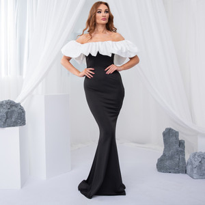 Slash Neck Ruffled Maxi Dress Evening Party White Black Color Contrast DIY Wering Stretch Backless Long Gown
