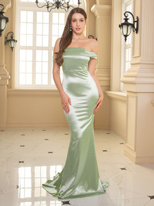 Off Shoulder Sage Green Padded Elegant Maxi Dress .