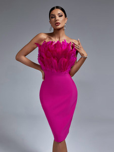 Pink Bandage Women Feather Party Dress 