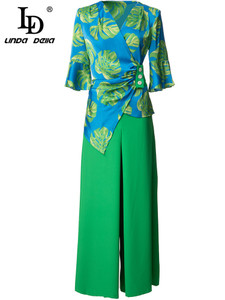 Green Leaf Blue Irregular Top + solid color Long Pants 2 Pieces Set