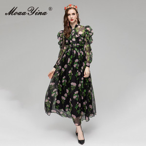  Bow Stand Collar High Waist Floral Print Casual Long Dress