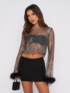 Hot Drill Mesh Feathers Women Tops 