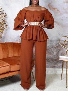 Off Shoulder Two Piece Sets Women Outfits Slash Neck Long Sleeves Tops with Belt Full Length Trousers Causal Ladies Pant Sets