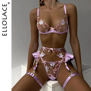 Ellolace Ruffle Erotic Lingerie Floral Intimate Set Transparent Lace Sexy Fantasy Underwear Luxury Attractive Pushup Bra Outfits