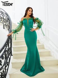 Off Shoulder Long Sleeve Green Cocktail Mermaid Evening Floor Length Dress