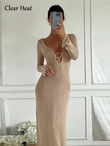  Elegant Hollow Out V Neck Knitted Maxi Dress 