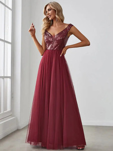 V-neck Sleeveless Gown Burgundy Sequins Exquisite Prom Women Dress