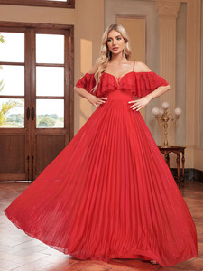 Luxury Saudi Arabi Red tulle V-neck Formal Evening Dress 